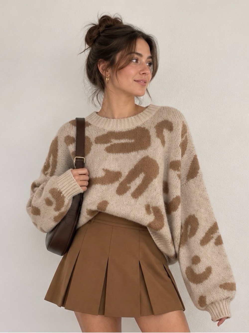 HYFVE Cream and Tan Animal-Print Crewneck Sweater